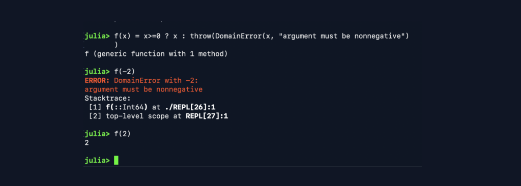Julia programming language exceptions