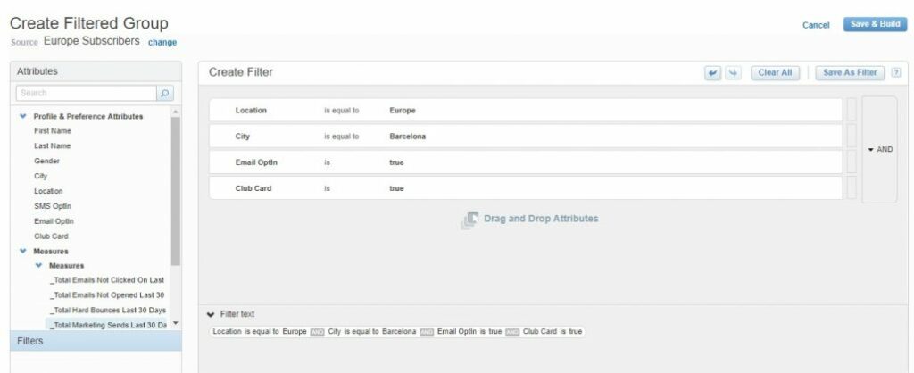 marketing cloud segmentation create filter group